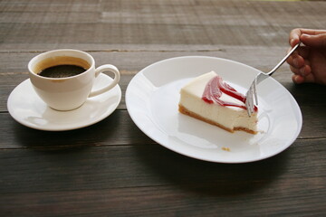 Cup of coffee and cake. Delicious dessert