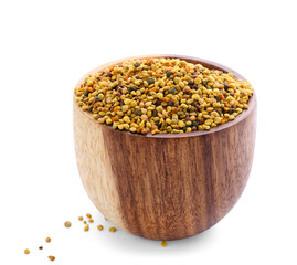 Bowl of bee pollen on white background
