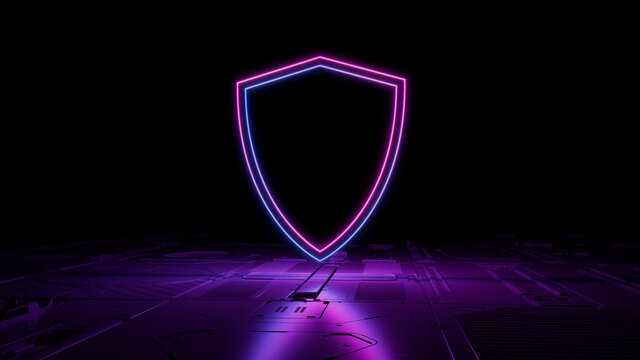 Pink and Blue Security Technology Concept with shield symbol as a neon light. Vibrant colored icon, on a black background with high tech floor. 3D Render