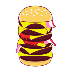 Giant burger with cheese and bacon. Vector illustration on a white background.