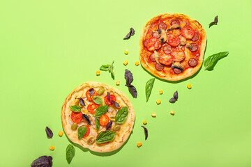 Composition with tasty mini pizzas on color background - obrazy, fototapety, plakaty