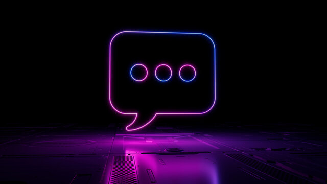 Pink and Blue Text Technology Concept with sms symbol as a neon light. Vibrant colored icon, on a black background with high tech floor. 3D Render