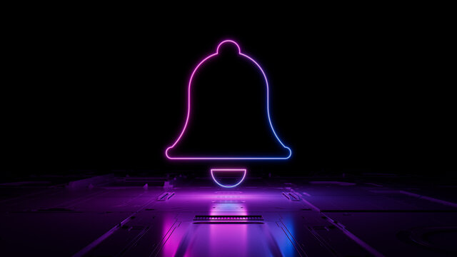 Pink and Blue neon light bell icon. Vibrant colored Alert technology symbol, on a black background with high tech floor. 3D Render