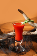 Shot of tasty bloody Mary cocktail on color background