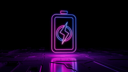 Pink and Blue Energy Technology Concept with battery symbol as a neon light. Vibrant colored icon, on a black background with high tech floor. 3D Render
