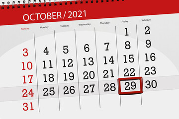 Calendar planner for the month october 2021, deadline day, 29, friday