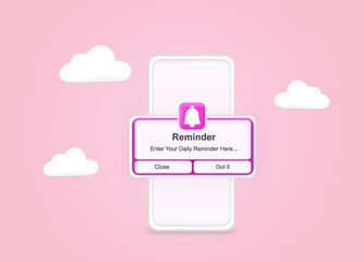 Pink reminder in 3d design mockup on phone. Notifications. Web banner. Concept web design, website page development. Email marketing, online advertising concept. Calendar reminder.