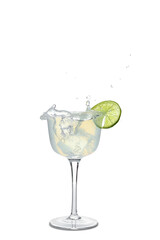 Glass of tasty margarita cocktail with splashes on white background