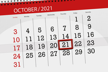 Calendar planner for the month october 2021, deadline day, 21, thursday