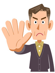 手で制止するカジュアルな服装の年配の男性
