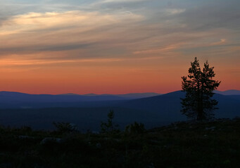 Fototapeta na wymiar Sceninc view over distant fells in Pallas-Ylläs National Park in Lapland, Finland. Beautiful blushing sky at sunset.