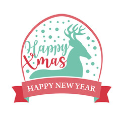 Christmas logotype or insignia. Cute cartoon deer silhouette. Merry Xmas and Happy new year.