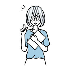 立って書類を手に持って何かひらめいた教師の女性