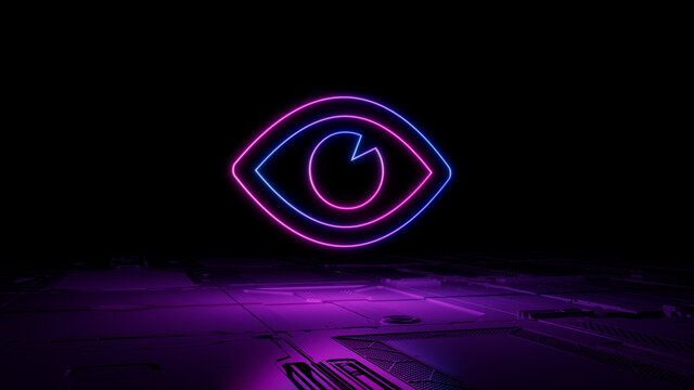 Pink and Blue Vision Technology Concept with eye symbol as a neon light. Vibrant colored icon, on a black background with high tech floor. 3D Render