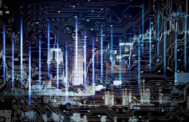 Algorithmic technology concept with growing financial chart graphs on city background.