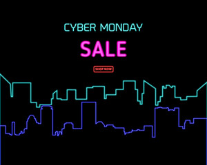 Cyber Monday Sale City Landscape Neon Vector