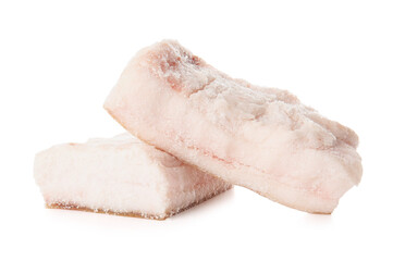 Pieces of salted lard on white background