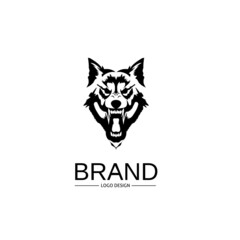 monochrome logo design template, silhouette of a wolf head on a white background,