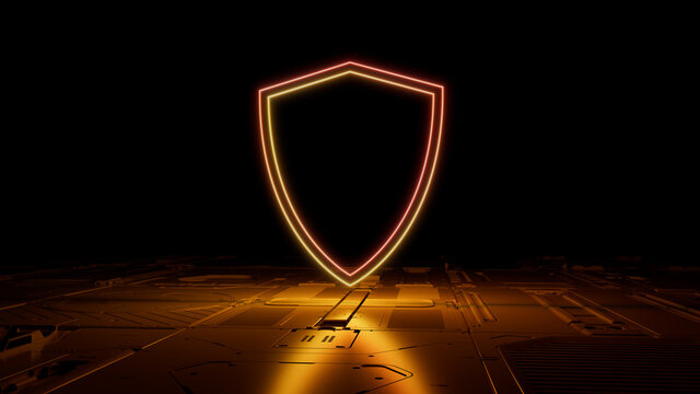 Orange and Yellow Security Technology Concept with shield symbol as a neon light. Vibrant colored icon, on a black background with high tech floor. 3D Render