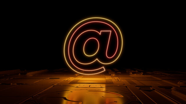 Orange and Yellow neon light @ icon. Vibrant colored Email technology symbol, on a black background with high tech floor. 3D Render