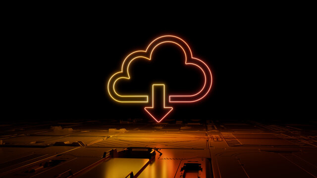 Orange and Yellow Data storage Technology Concept with cloud download symbol as a neon light. Vibrant colored icon, on a black background with high tech floor. 3D Render