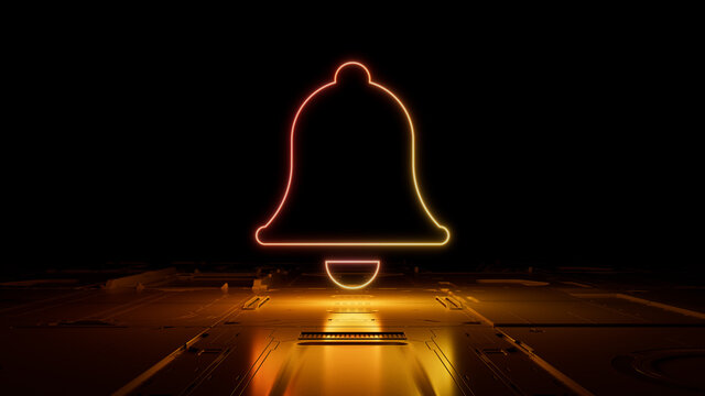 Orange and Yellow neon light bell icon. Vibrant colored Alert technology symbol, on a black background with high tech floor. 3D Render