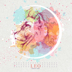 Modern magic witchcraft card with astrology Leo zodiac sign. Hand drawing Lion head illustration