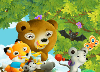 cartoon scene with park animal kids eating honey
