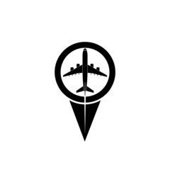 Airplane icon with pin map symbol isolated on white background