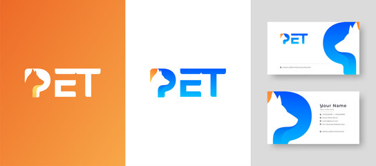Modern Clean Initial Lettering Mark P Letter with Pet, Dog, Cat and animal with Premium Business Card Vector illustration