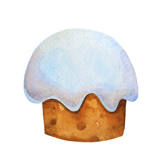 Watercolor hand drawn baked cupcake muffin with sugar icing isolated on white background.