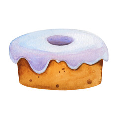 Watercolor hand drawn baked cupcake muffin with sugar icing isolated on white background.