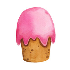 Watercolor hand drawn baked cupcake muffin with sugar icing isolated on white background.