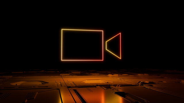 Orange and Yellow Video camera Technology Concept with Recording symbol as a neon light. Vibrant colored icon, on a black background with high tech floor. 3D Render