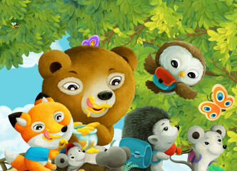 Obraz na płótnie Canvas cartoon scene with park animal kids eating honey