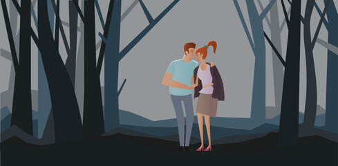 A young couple on a romantic walk in a dark forest. A night date. Vector illustration, isolated on white.