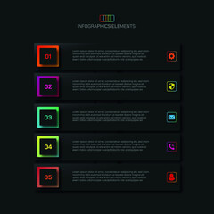 A set of 5 steps corporate business infographic template design with black and glow gradient effects