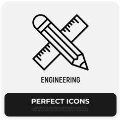 Pencil and ruler are crossed thin line icon. Modern vector illustration, symbol of engineering.