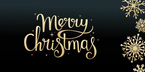 Christmas and New Year. Modern universal art templates. Christmas corporate greeting cards and invitations. Golden lettering on a black background with snowflakes.