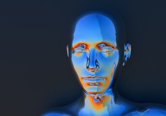 Surrealistic 3d illustration of a human face made of holographic chrome-plated material. Concept of cyborg and artificial intelligence.