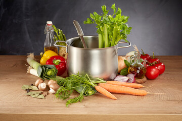 Healthy selection of raw fresh vegetables to make a stew or soup