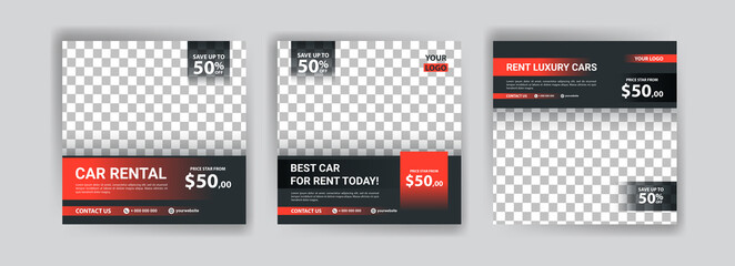 Social media post template for automotive car rental service. Banner vector for social media ads, web ads, business messages, discount flyers and big sale banners.
