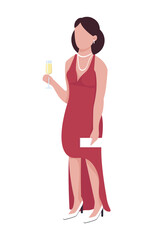 Pretty woman with sparkling wine glass semi flat color vector character. Full body person on white. Cocktail party isolated modern cartoon style illustration for graphic design and animation