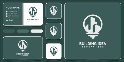 Building idea lamp logo vector template design. Factory industry building line with lamp for ideas logo vector icon design