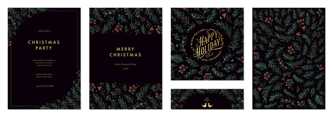 Ornate Merry Christmas and Happy Holidays cards with branches, berries, birds, floral frames and backgrounds design.  - 455443530