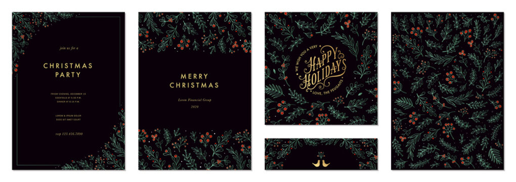 Ornate Merry Christmas and Happy Holidays cards with branches, berries, birds, floral frames and backgrounds design. 