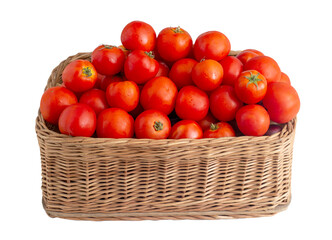 Wicker basket with red tomatoes on a white background, isolate. Fresh organic vegetables, natural