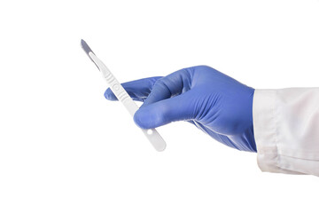 Doctor surgeon holds a scalpel in his hand on a white background. Surgical concept