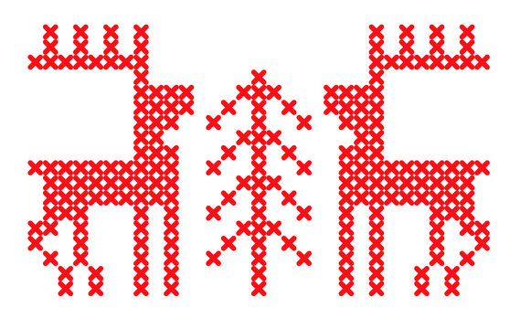 New Year's pattern of a deer and a tree. Embroidery, folk cross-stitch on a Christmas theme: two deer directed to each other and a Christmas tree