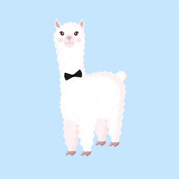 Cute llama or alpaca with a mans bow tie on a blue background. Vector illustration for baby texture, textile, fabric, poster, greeting card, decor.